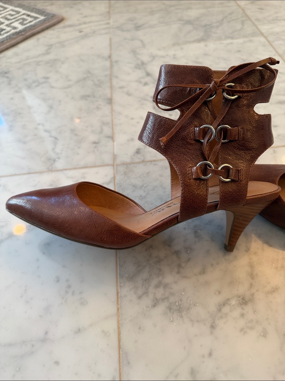 Nina Brown Leather Pointed Toe Lace-Up Women’s Heels